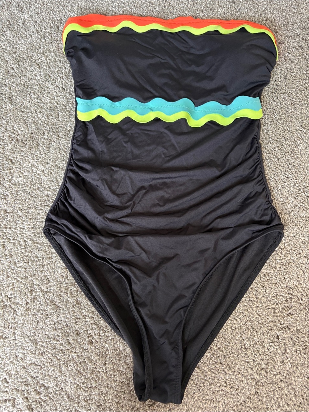 Strapless Black One-Piece Swimsuit with Neon Trim